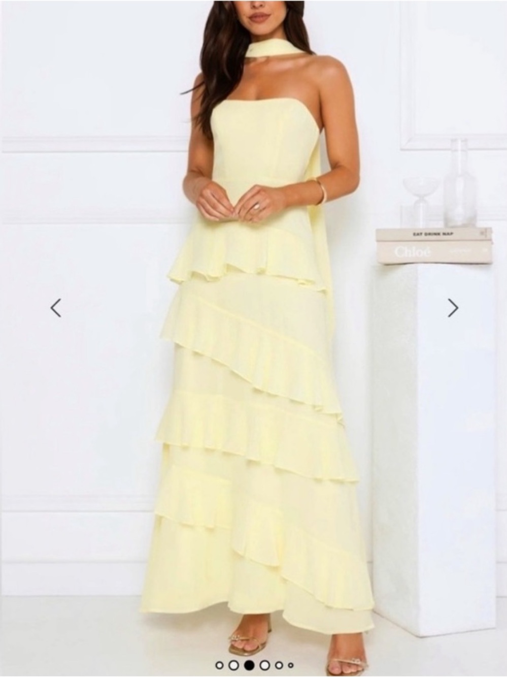 Strapless Tiered Ruffle Maxi Dress in Pale Yellow